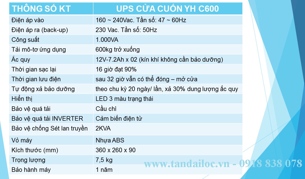 Thông số kỹ thuật bình lưu điện cửa cuốn YH C600 (600kg)